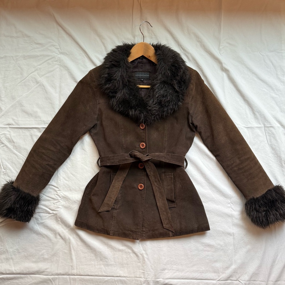 vintage 2000s suede faux fur brown penny lane coat - Picture 5 of 10
